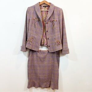 David Meister Tailored Blazer Skirt Suit Purple Gold Plaid Wool & Silk Lined